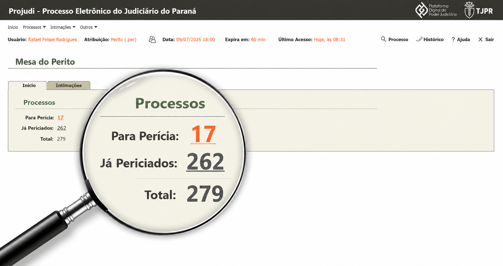 Mesa do Perito no PROJUDI mostrando 262 processos já periciados, 17 para perícia e 279 total