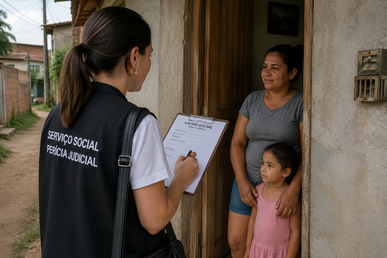 Assistente social realizando perícia judicial na residência de uma família, com laudo social em mãos