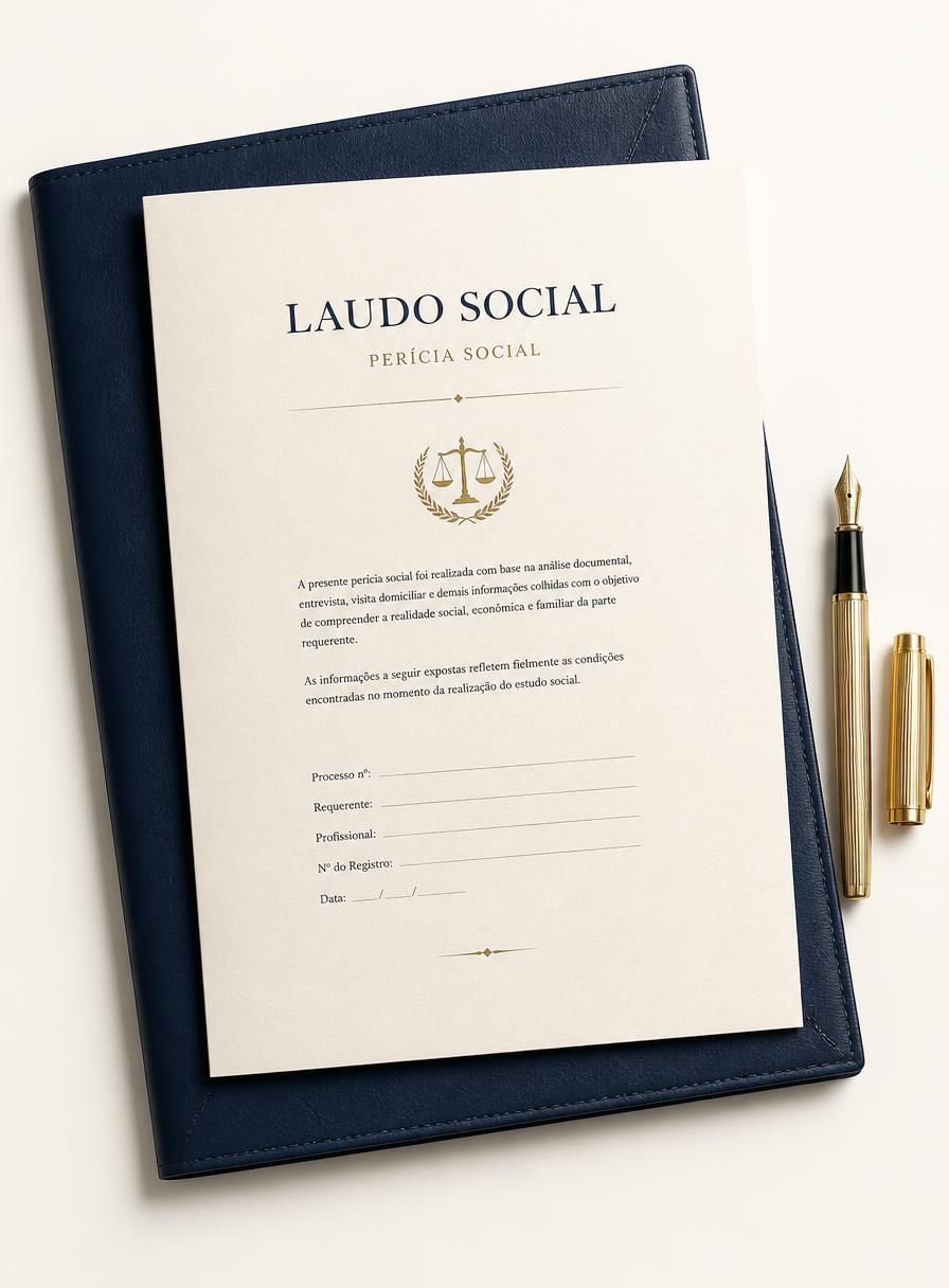 Documento de laudo social de perícia sobre pasta azul-marinho com caneta dourada